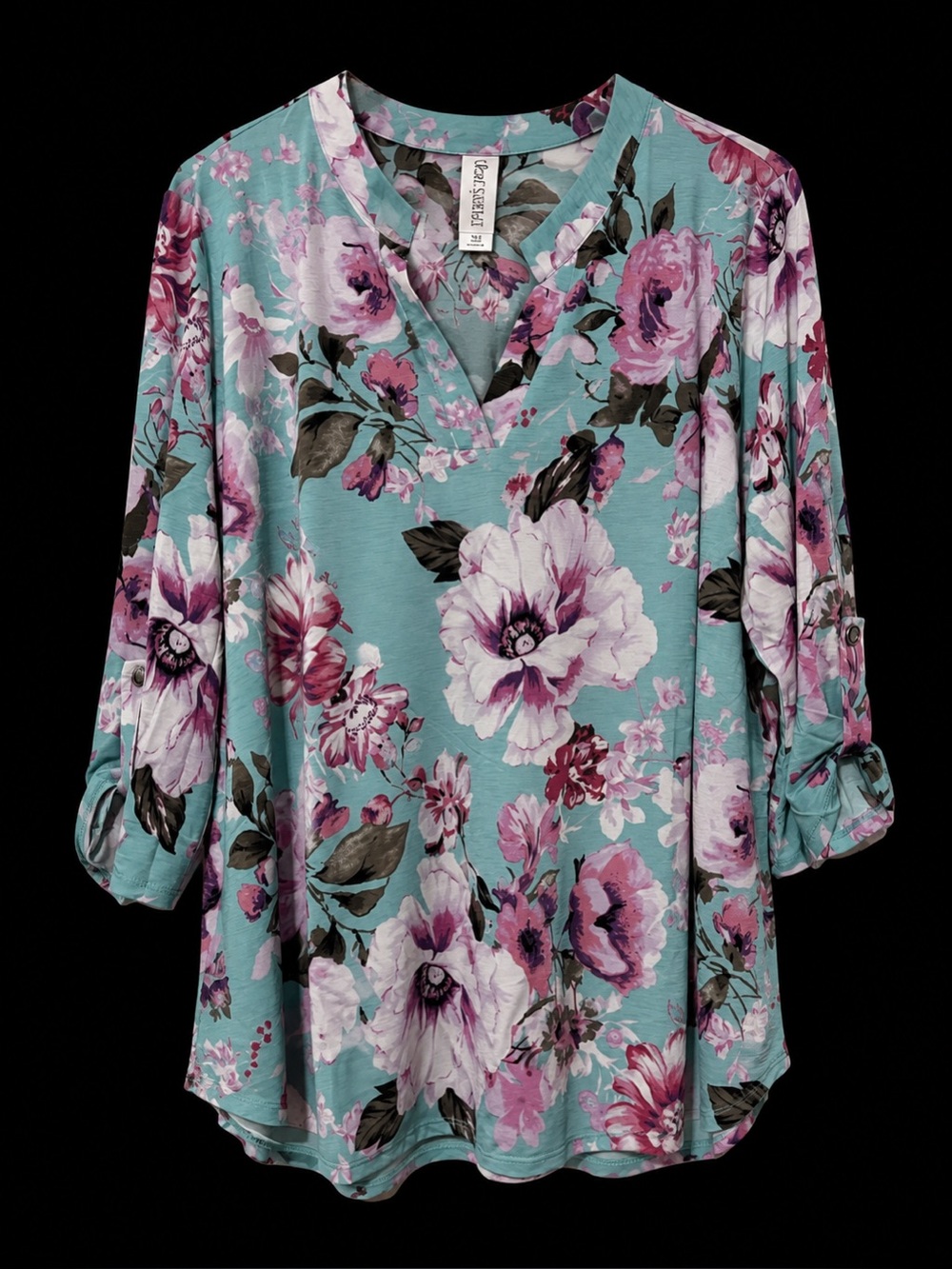 🆕 Mint Floral Split Neck Roll Tab Blouse Plus Size XL 2X 3X NWT - Picture 2 of 3